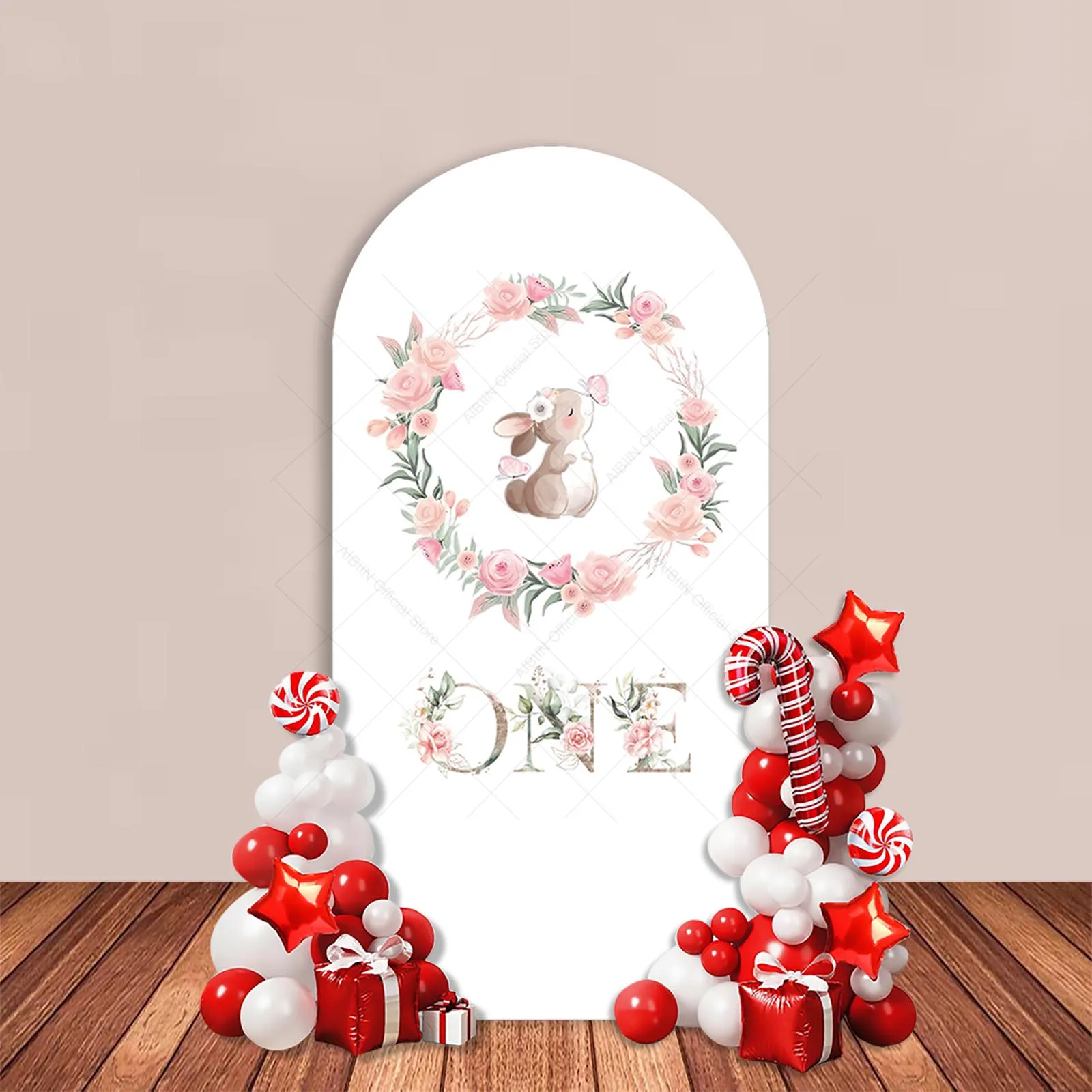 Bunny One Birthday Arch Backdrop Cover Pink Cute Rabbit Flower Bow Happy Birthday Baby Girl Party Decor Portrait Background