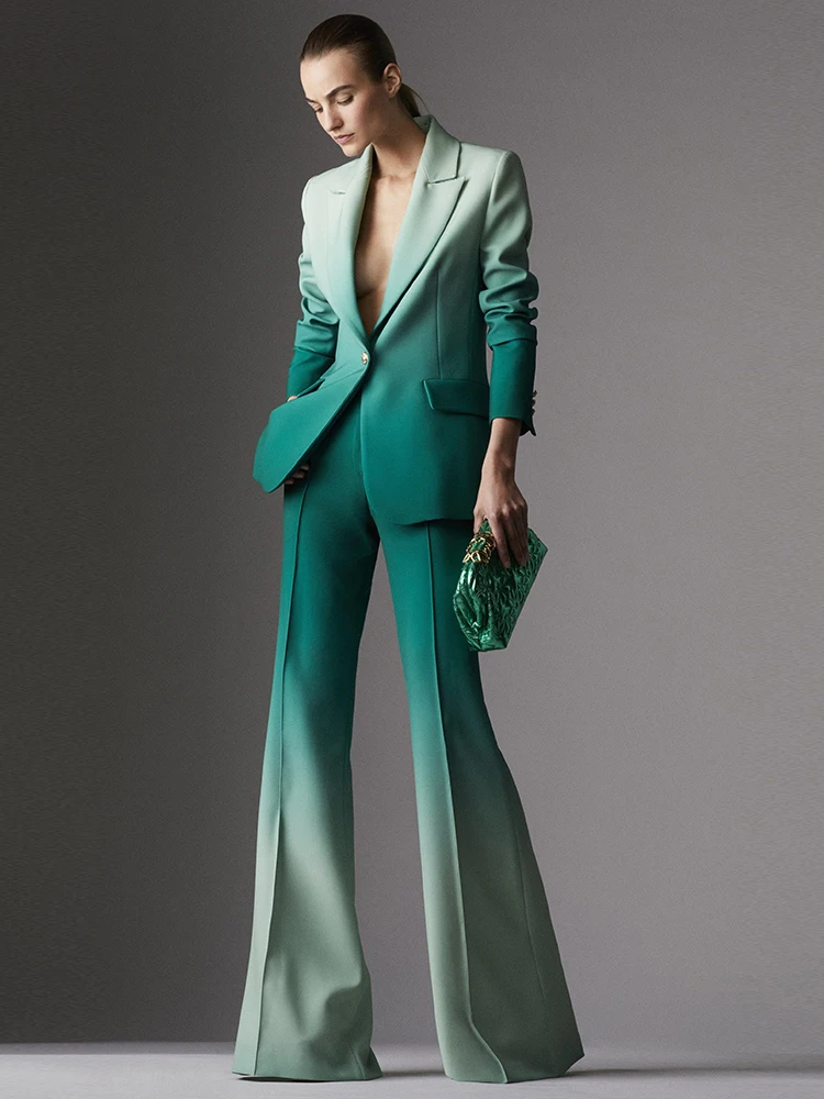 HIGH STREET Newest Fashion 2024 Designer Suit Set Women\'s Gradient Color Printed Single Button Blazer Flare Pants Suit 2pcs