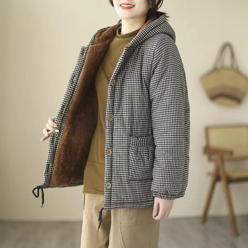 

Plush Jacket Thickened Warm Plaid Cotton Coat Autumn And Winter 2022 Hooded Casual Loose Women's Fleece Abrigo Outerwear T1153