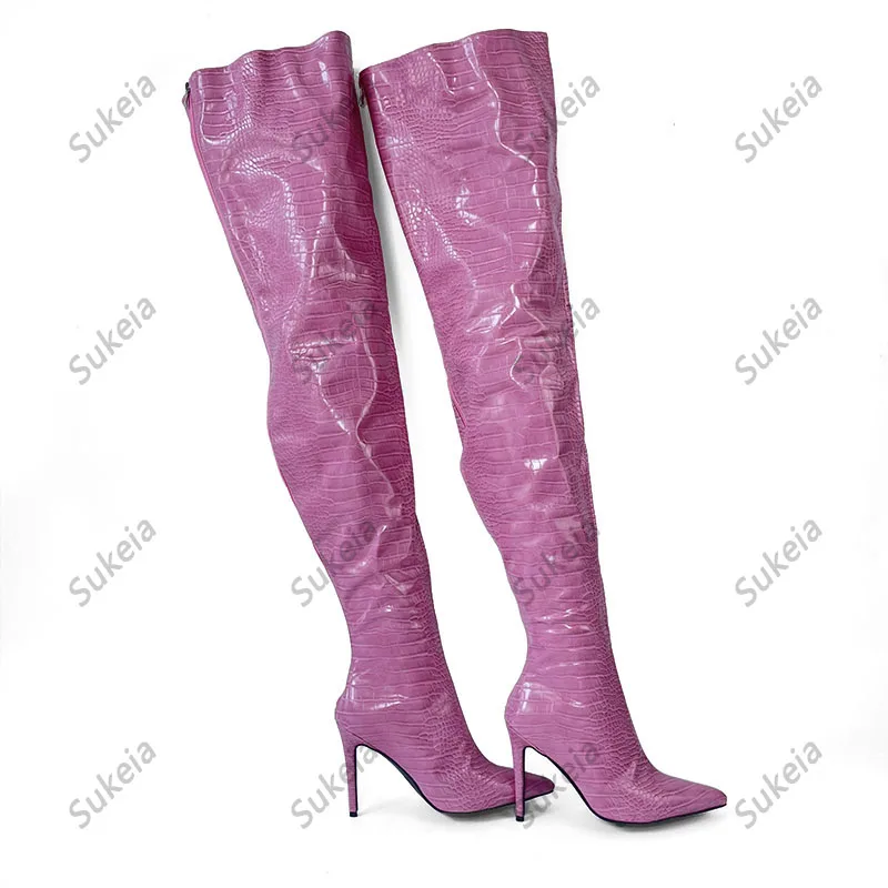 Sukeia-Botas de tacón de aguja de cocodrilo hechas a mano para mujer, zapatos de noche de punta estrecha, color rosa, talla grande de EE. UU., 5-15, Invierno