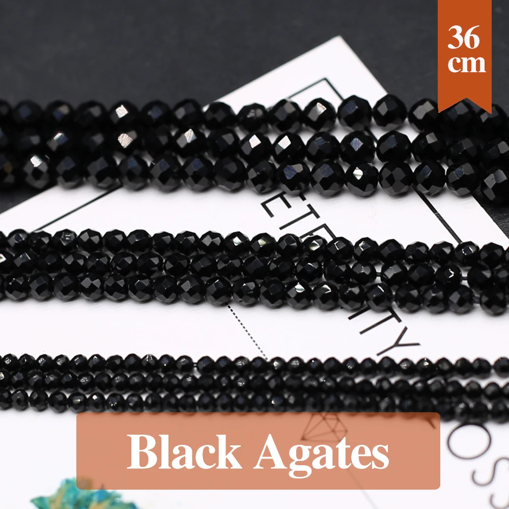 Contas de ágata preta natural facetada, pedra natural redonda, espaçador solto, frisado para fazer colar de joias diy, pulseira 2mm 3mm 4mm