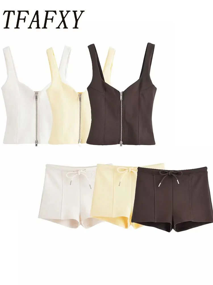 

Casual Women's Elastic Waist Shorts Camisole Short Vest Slim Zipper Vest Fashion 2025 Summer Holiday Sets