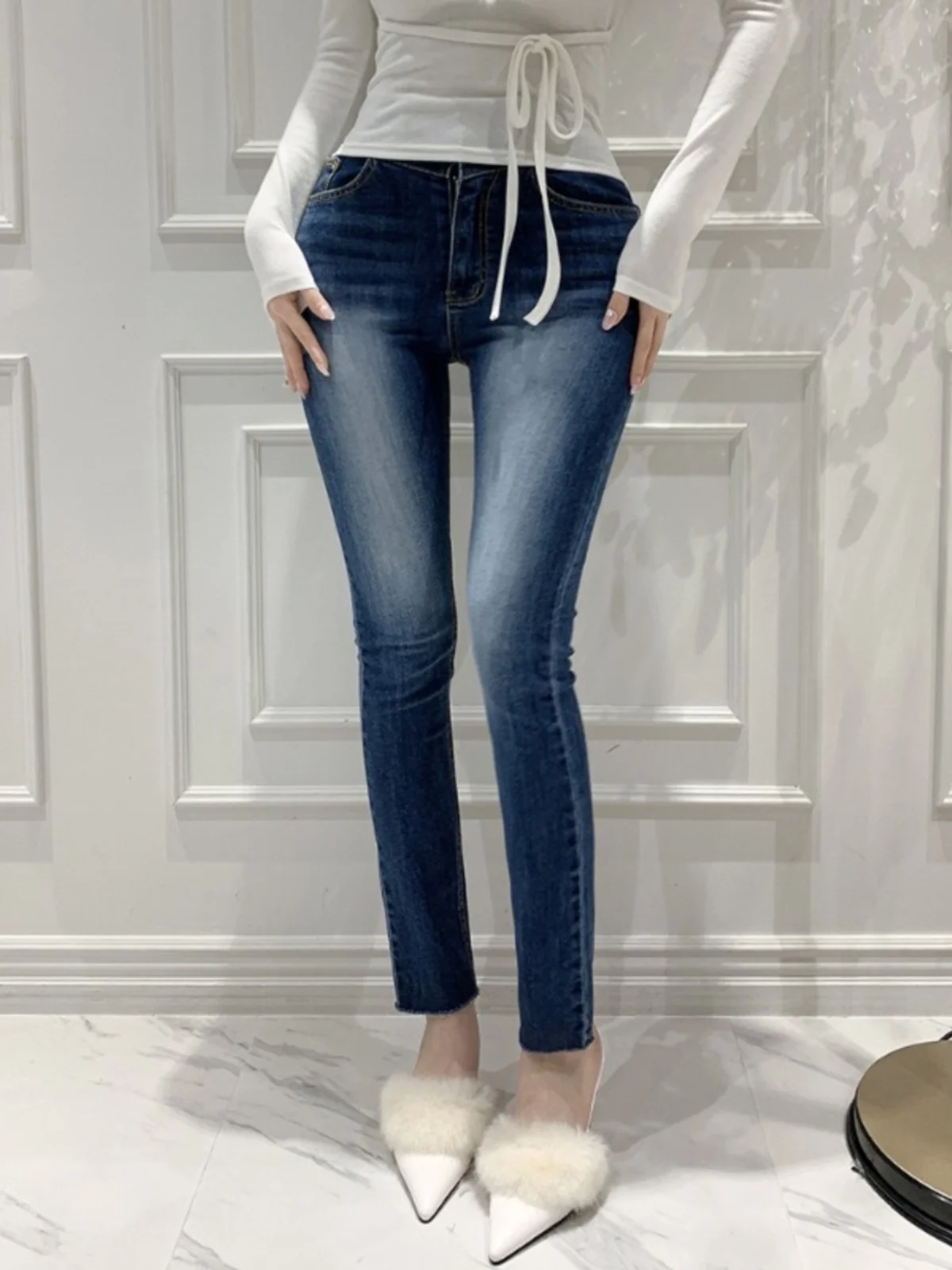High Waist Nine-Tenths Slim Fit Jeans Women's Bootcut Hip Enhancing Butt Lifting Distressed Denim Spring Summer Autumn