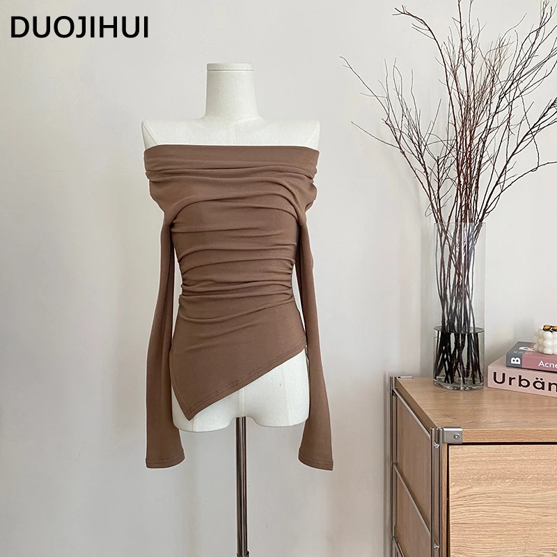 

DUOJIHUI Korean Style Chic Slash Neck Women Pullovers Autumn Irregular Fashion Simple Casual Slim Basic 3-colors Female Pullover