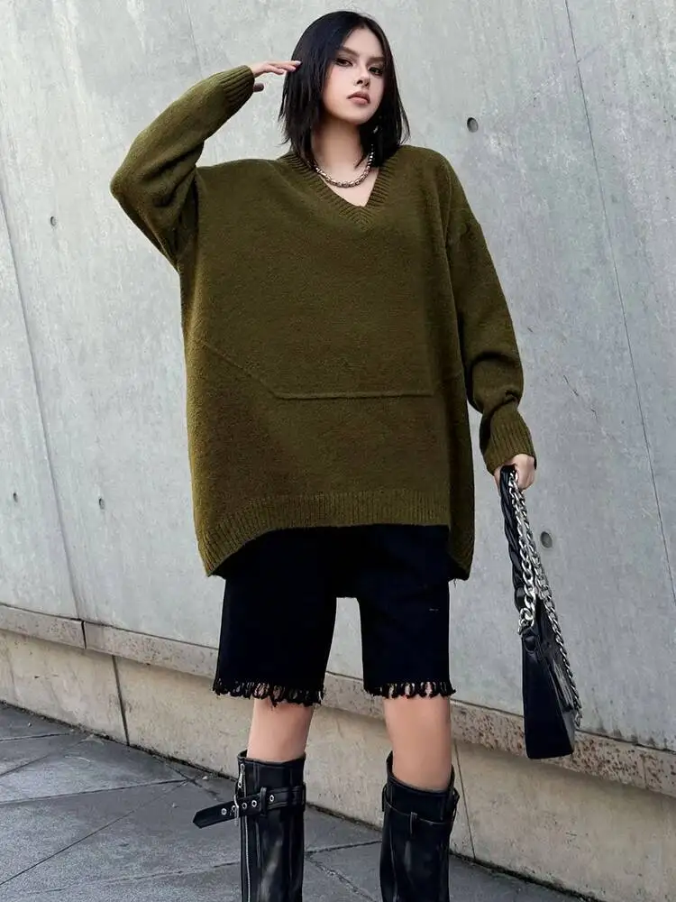 

Army Green Big Size Long Knitting Sweater V-Neck Long Sleeve Women Pullovers New Fashion Tide Spring Autumn