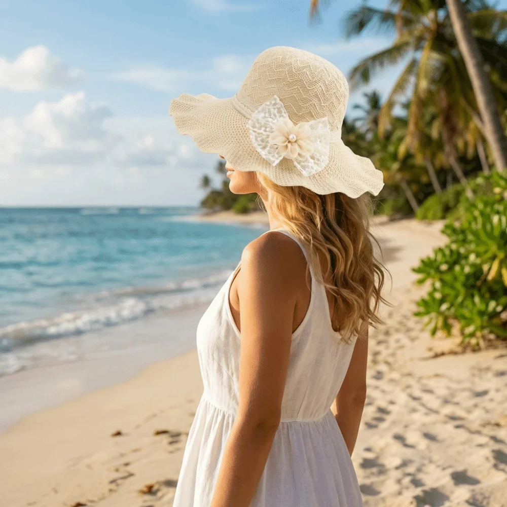 

Fashion Solid Color Wide Brim Knitted Hat Flower Lace Bow UV Protection Cap Large Brim Lightweight Weave Bucket Hat Travel