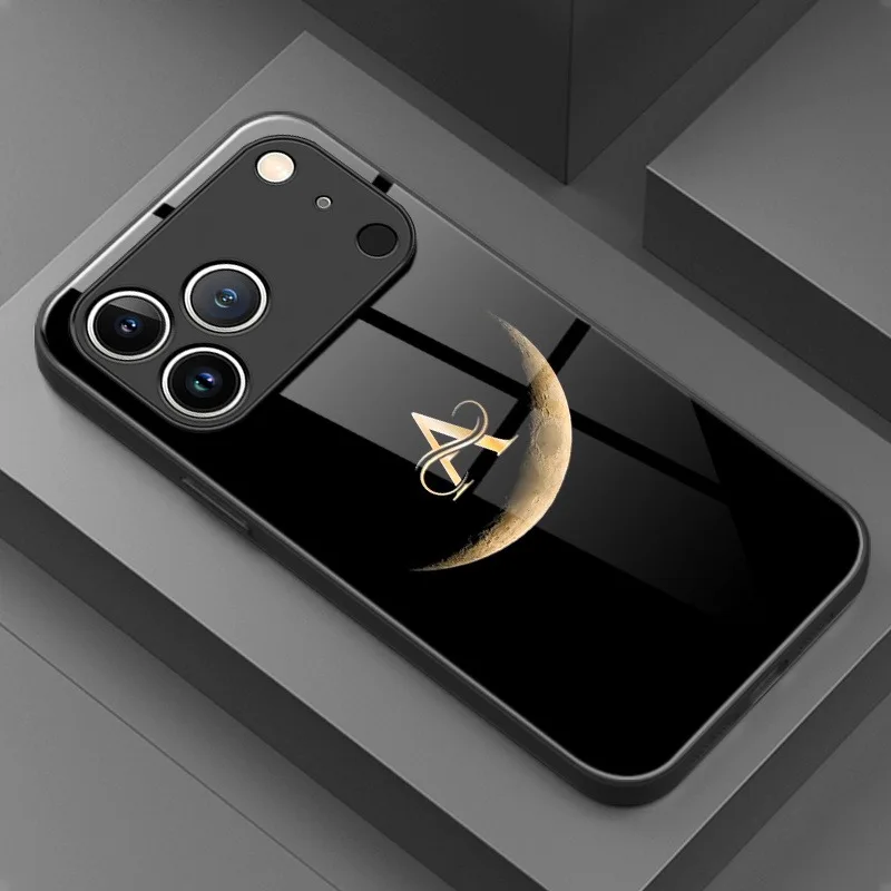Trendy Moon Letter A Pattern Tempered Glass Black Phone Case For Samsung Galaxy S25 S24 S23 Ultra Plus FE Shockproof Cover