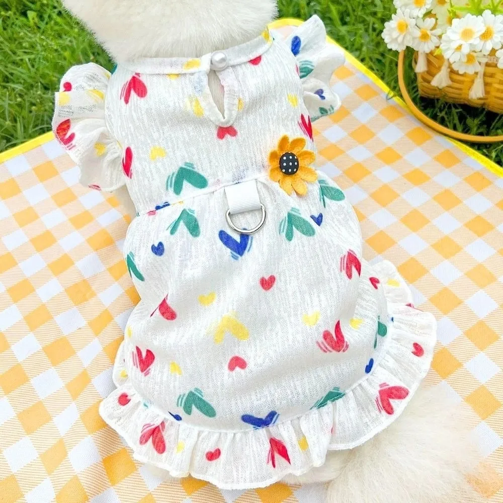 Falda fina y transpirable con estampado de amor canino y patrón de hongos, chaleco con tirantes para mascotas, ropa para perros con mangas con volantes.