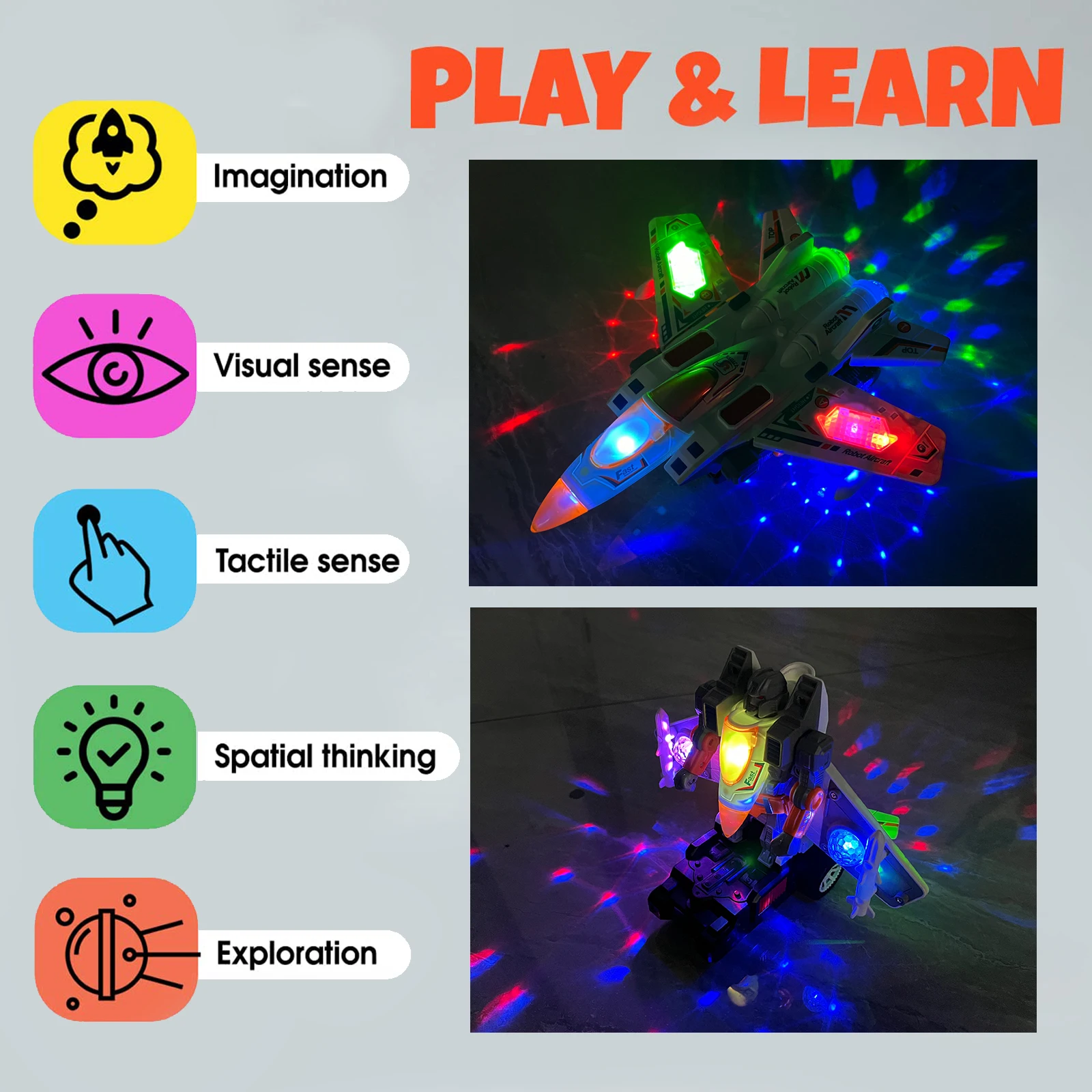 男の子の電動おもちゃ戦闘機変形ロボット、自動変形、カラフルな音と光、赤ちゃんへのホリデーギフト