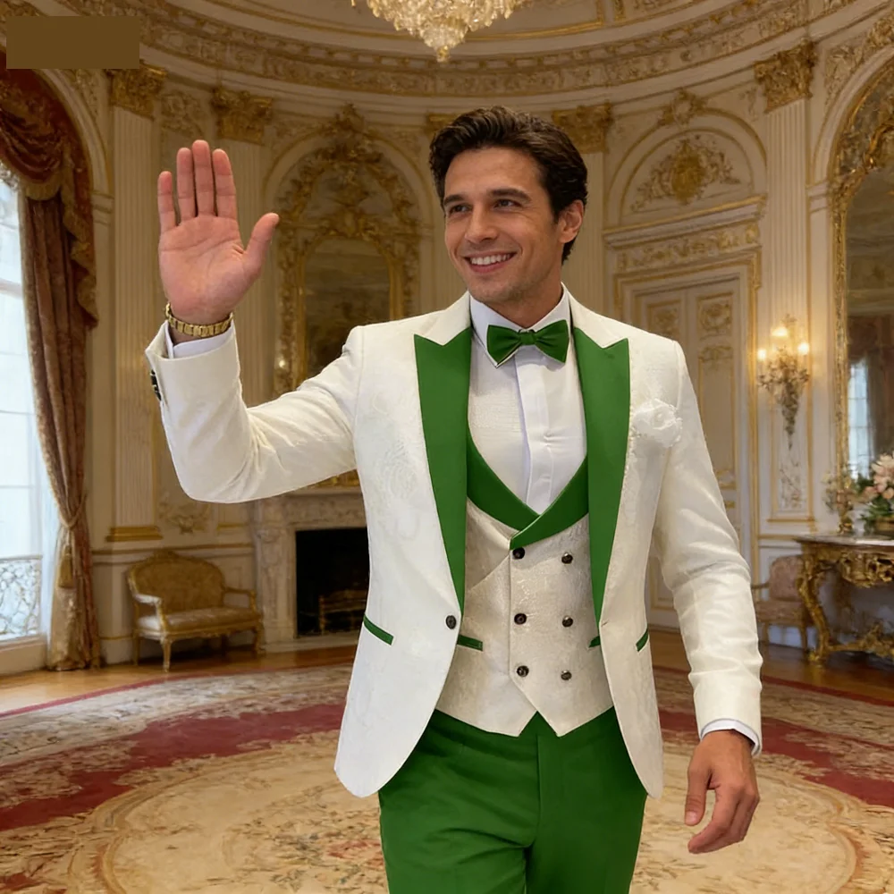 

Мужской жаккардовый костюм-тройка: пиджак, жилет, брюки. Двубортный, классический крой. Для бизнеса, выпускного, свадьбы. Мужская официальная одежда.