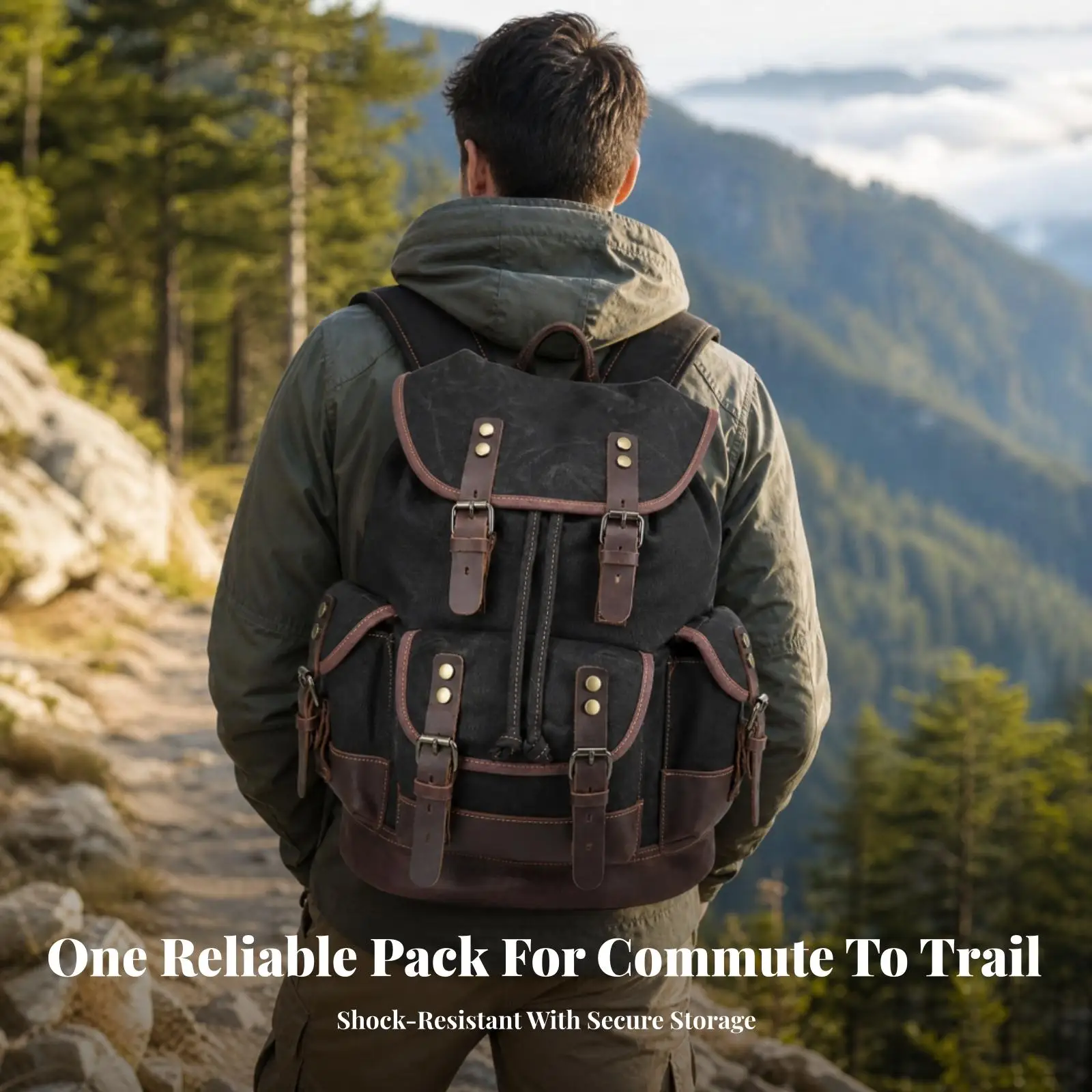 Vintage Style Canvas Leather Rucksack Classic Flap Top Secure Drawstring for Daily Commute and Outdoor Use