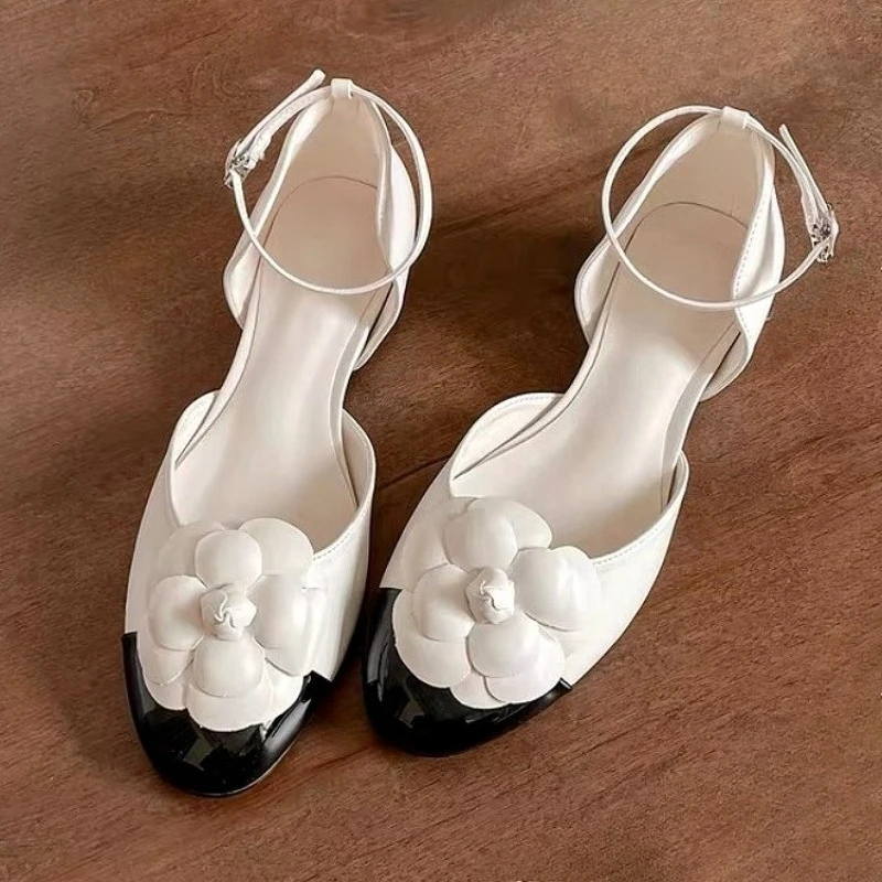 

Flower Brand Design Flat Sandals Women Round Toe Hollow Ankle Buckle Color Blocking Fashion Low Heel Dress Mary Jane Shoes Women