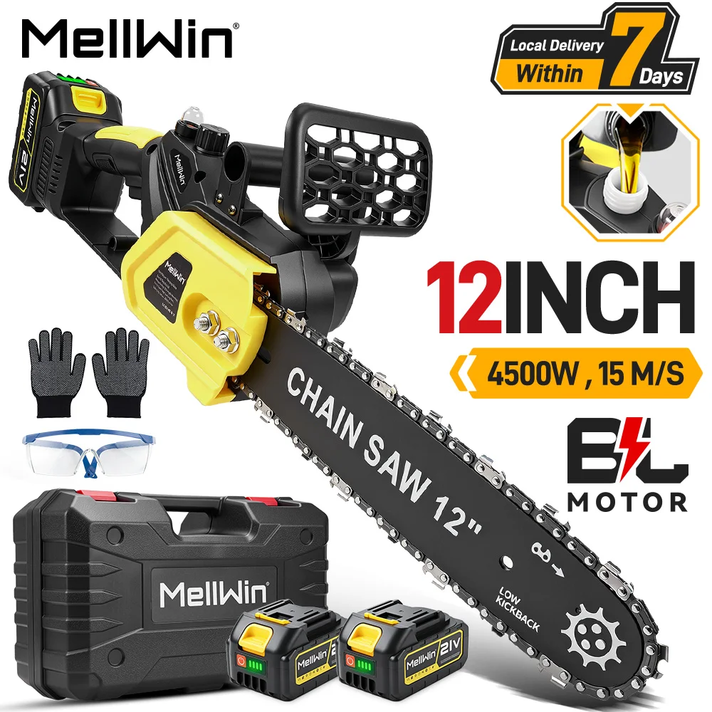 MELLWIN 12-Zoll bürstenlose elektrische Kettensäge, kabellose Garten-Astschere, handgehaltene Holzsäge, Holzbearbeitungs-Schneidwerkzeug für Makita 18V Akku.