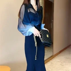 Suits Sexy Slim Fit Skirt Women's Two Piece Set Beach Female Outfits Commuting Long Sleeve Summer Fashion 2024 Y2k Clothes Korea