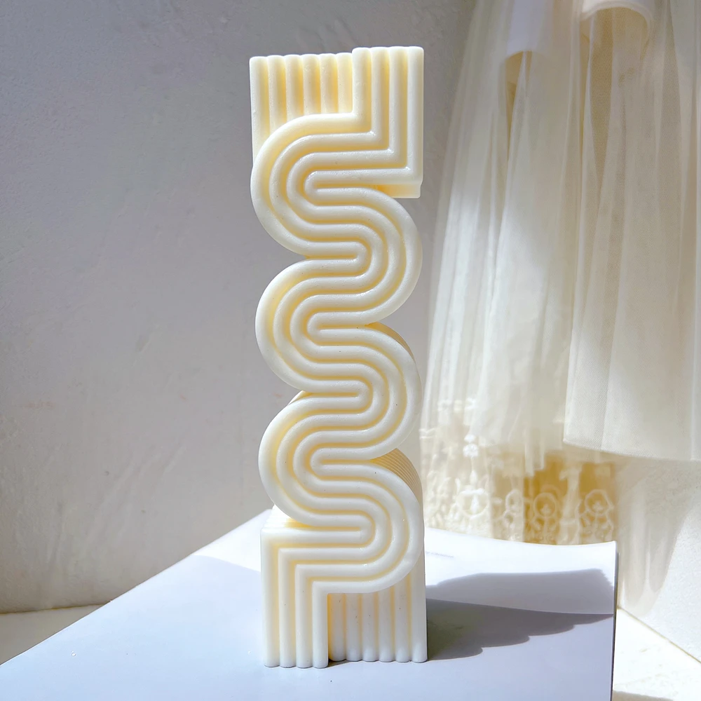 Tall Pillar S Shape Silicone Mold Aesthetic Wave Ribbed Wax Candle Mold Modern Stripped Sculpture Room Decorative Gift