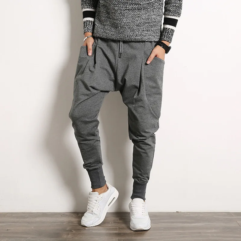 Pantalones bombachos negros para hombre, ropa de calle informal de Hip Hop, pantalones de Jogger sólidos, pantalones de chándal con bolsillo lateral