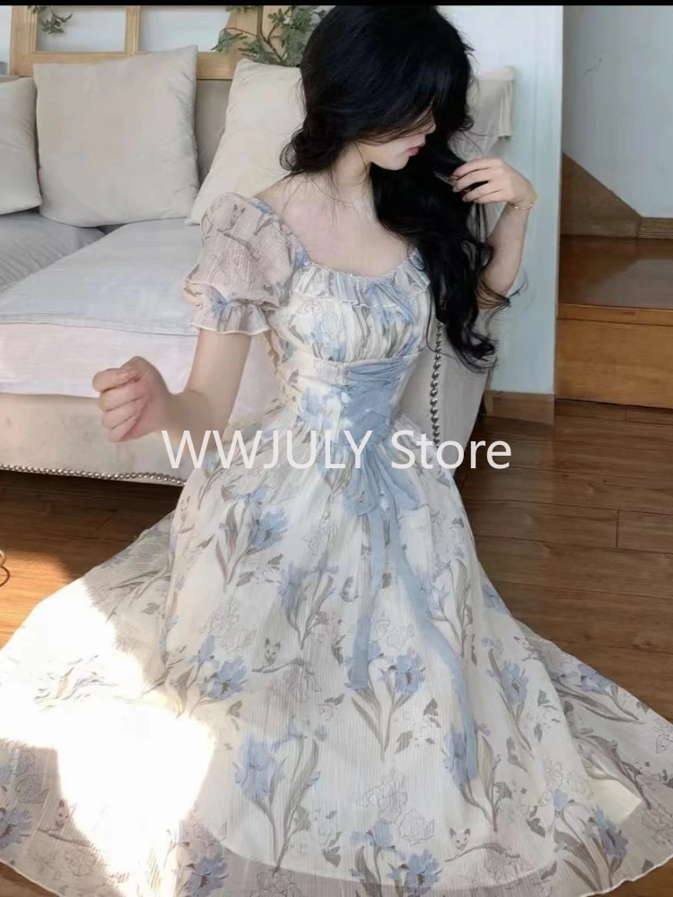 Elegant Vintage Floral Midi Dress Women Ruffles Design Casual Korean Fairy Dress Female 2024 Summer Lace-up Vacation Party Dress