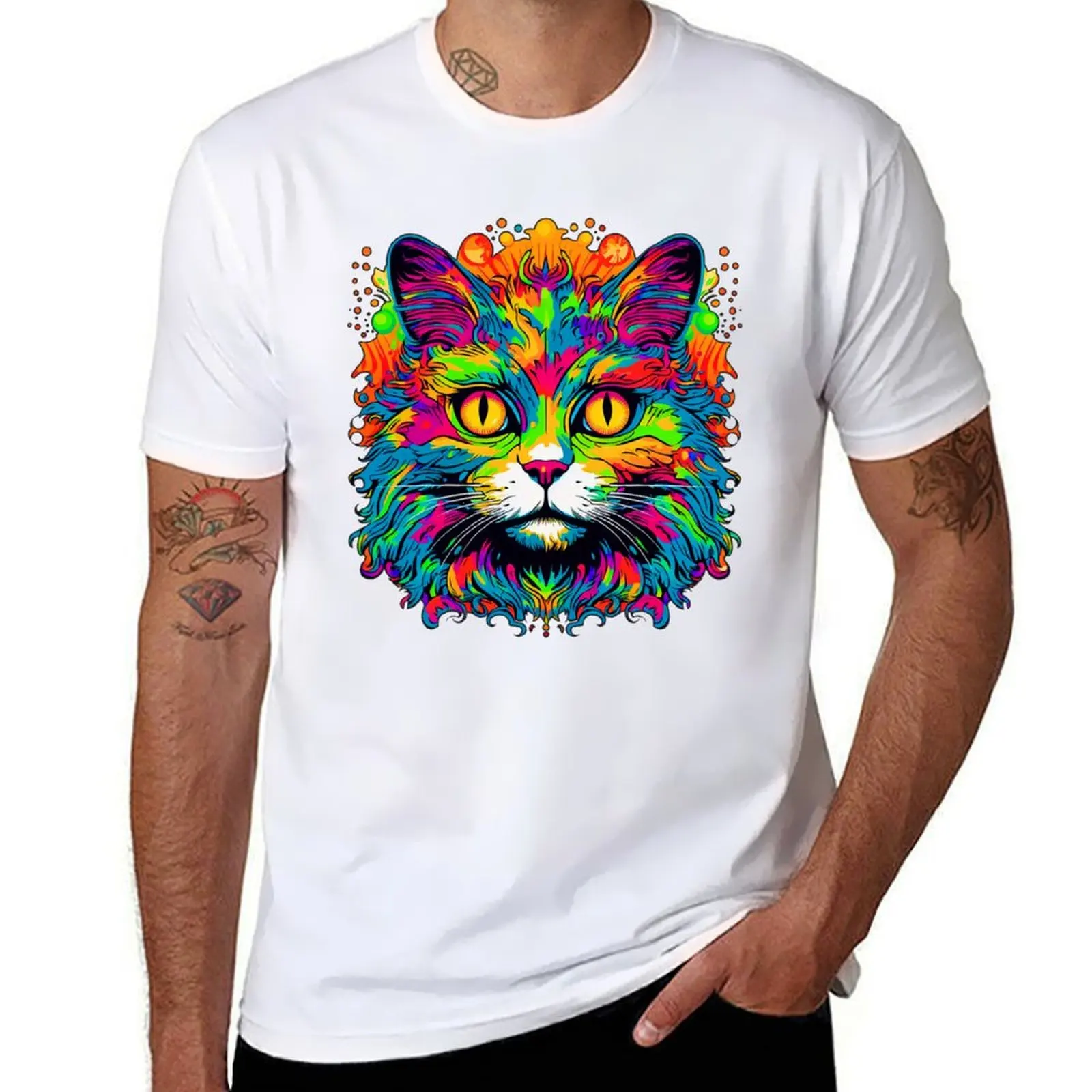 

LSD Art Rave Psychedelic Party Blotter Cat T-Shirt Street Style Casual Tee Shirt