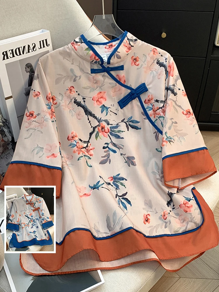 

Large Size Women's irt Printed Asymmetrical Collar Mid-Sve Tea Costume Top Wind Colion Color Splicing Water-Mark Pain...