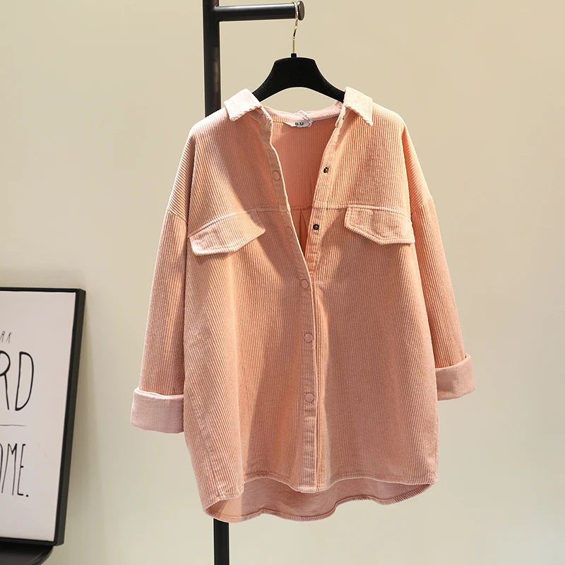 قميص نسائي من قماش الكوردروي السميك من دونغدايمون، فضفاض، ياقة بولو، أكمام طويلة، طول متوسط، نمط كوري، لون واحد، مناسب للخريف...
