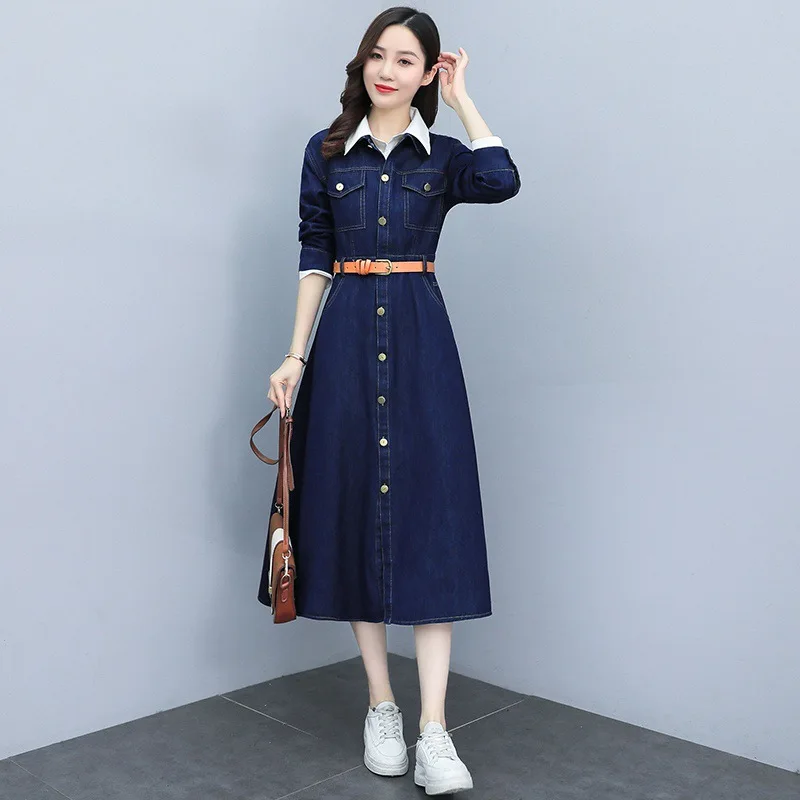 Neckline/cuffs detachable fake two-piece spring and autumn women's dress Tuck in Waist show long style over the knee jeans dress