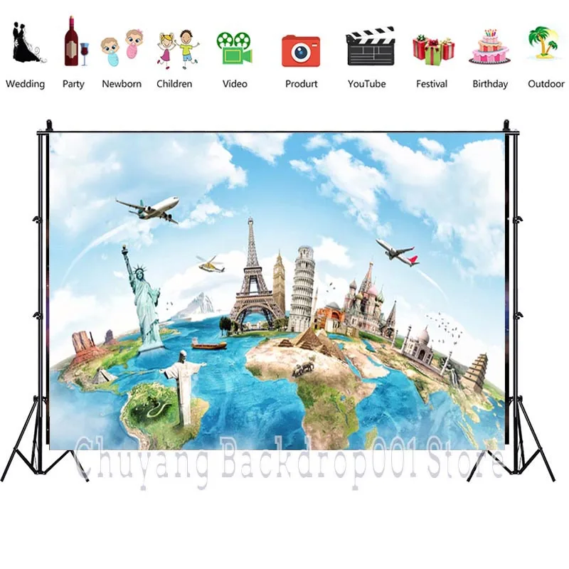 Toile de fond de photographie, monde de voyage, fête d'anniversaire, mariage, tour Eiffel, Statue de la liberté, arrière-plan pour photographie, bannière de Studio Photo