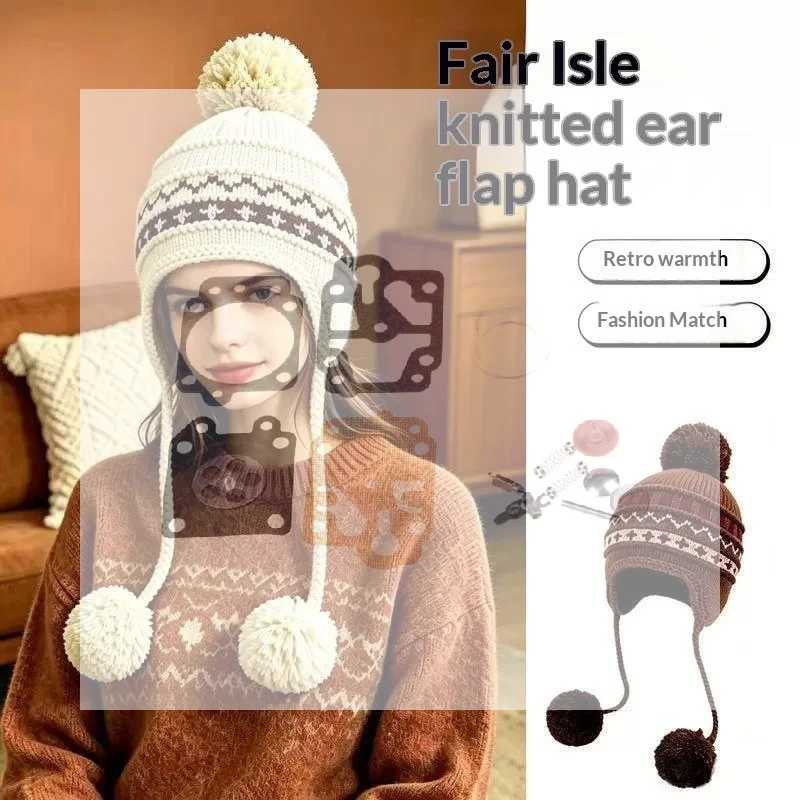 Unisex Warm Knitted Earflap Hat Faux Fur Geometric Pattern Windproof Cold Weather Hat for Ski Hiking Camping