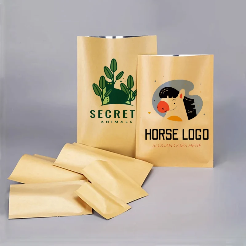 Sac plat en papier Kraft imprimé personnalisé, pochette thermoscellante, cadeau, café, bonbons, sachet d'emballage de thé, Logo imprimé