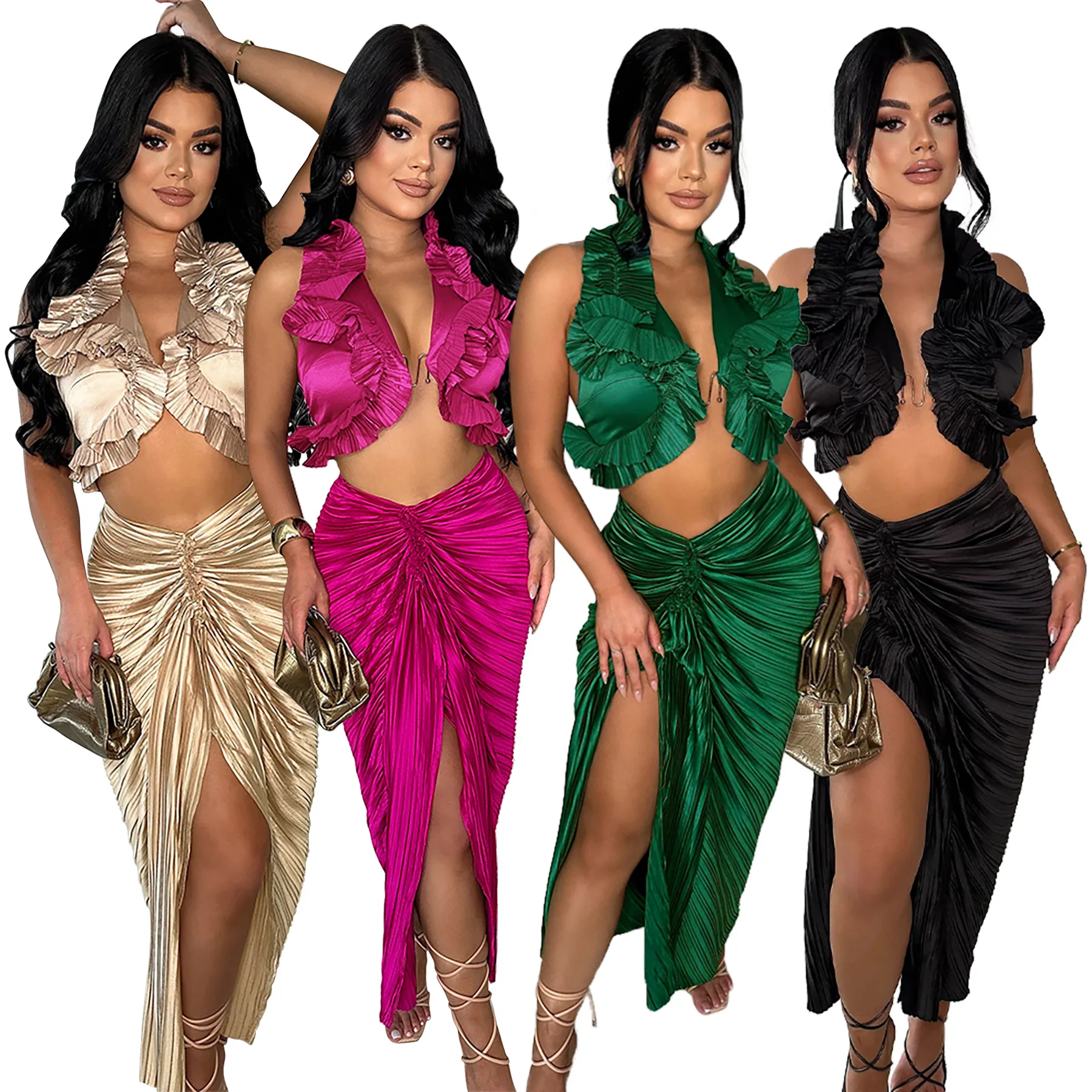 

Two 2 Piece Set Women Sexy Sleeveless Ruffles Crop Top and Slit Ruched Skirt Sets Night Out Club Party Evening Birthday Outfits