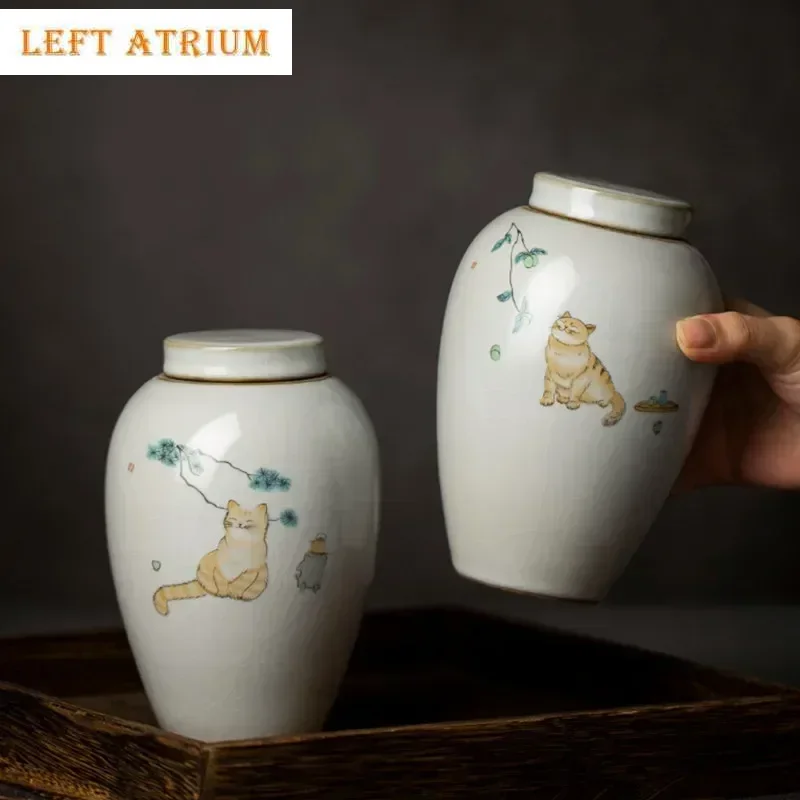 

Ретро Ru Kiln Керамика Чайник Милый кот Узор Портативные герметичные контейнеры для чайных листьев Дорожный чайный пакетик Коробка для хранения Органайзер для специй