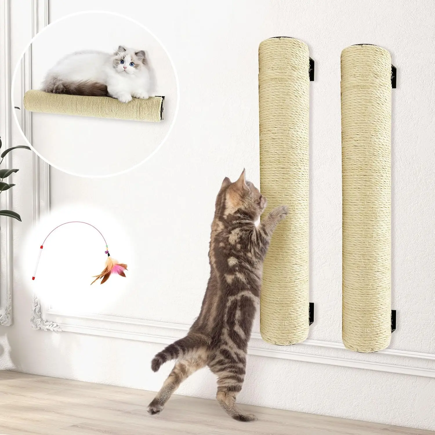 

Wall Mounted Scratching Post for Cats 16 Inches Sisal Rope Cat Wall Scratcher Posts 2 Pack of Wall Mount Cat Furniture f