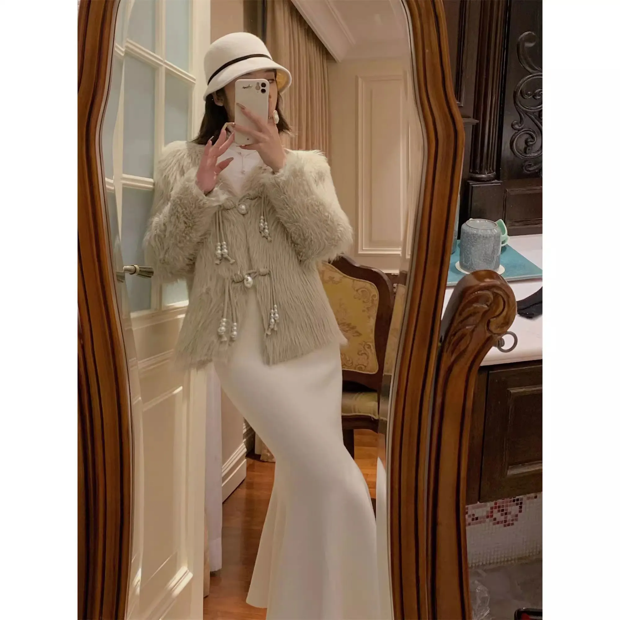 Imagem -03 - Cabolsa de Pele Sintética Estilo Chinês para Mulheres Elegante Cardigã Cabolsas de Botão Pérola Cabolsa Exterior Monocromático Roupas Femininas Branco Outono