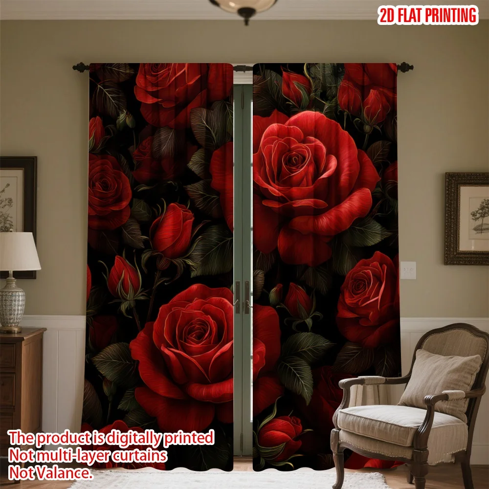 

2D flat printing 2pcs Party Curtains Valentine's Red Roses Digital Printed Polyester Drapes Seasonal Party & Holiday Decor for