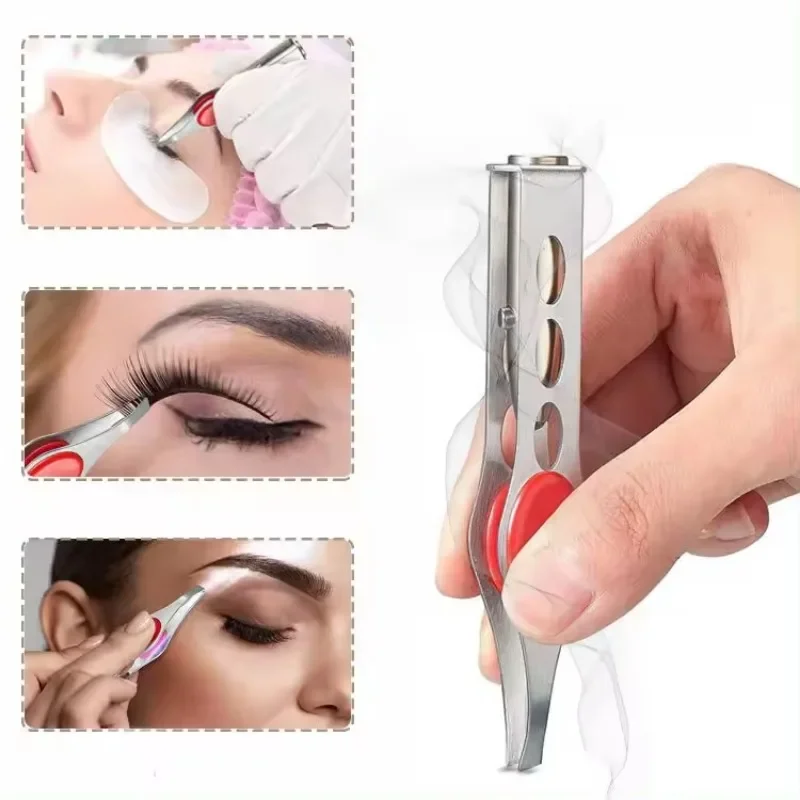 Clip para recortar cejas, ciruela pasa para depilación de ojos, abrazadera para pestañas postizas, 1 LED, acero inoxidable, punta oblicua, herramienta de maquillaje