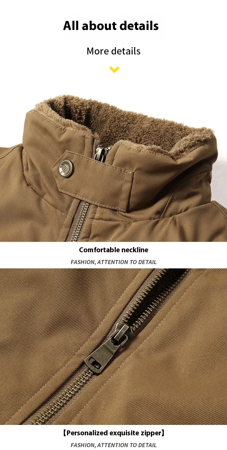 Herren-Fliegerjacke, Winter, dick, mit Fleece gefüttert, Arbeitskleidung, Stil, mehrere Taschen, lockere Passform, lässiger Fliegermantel, warm – Detail 10