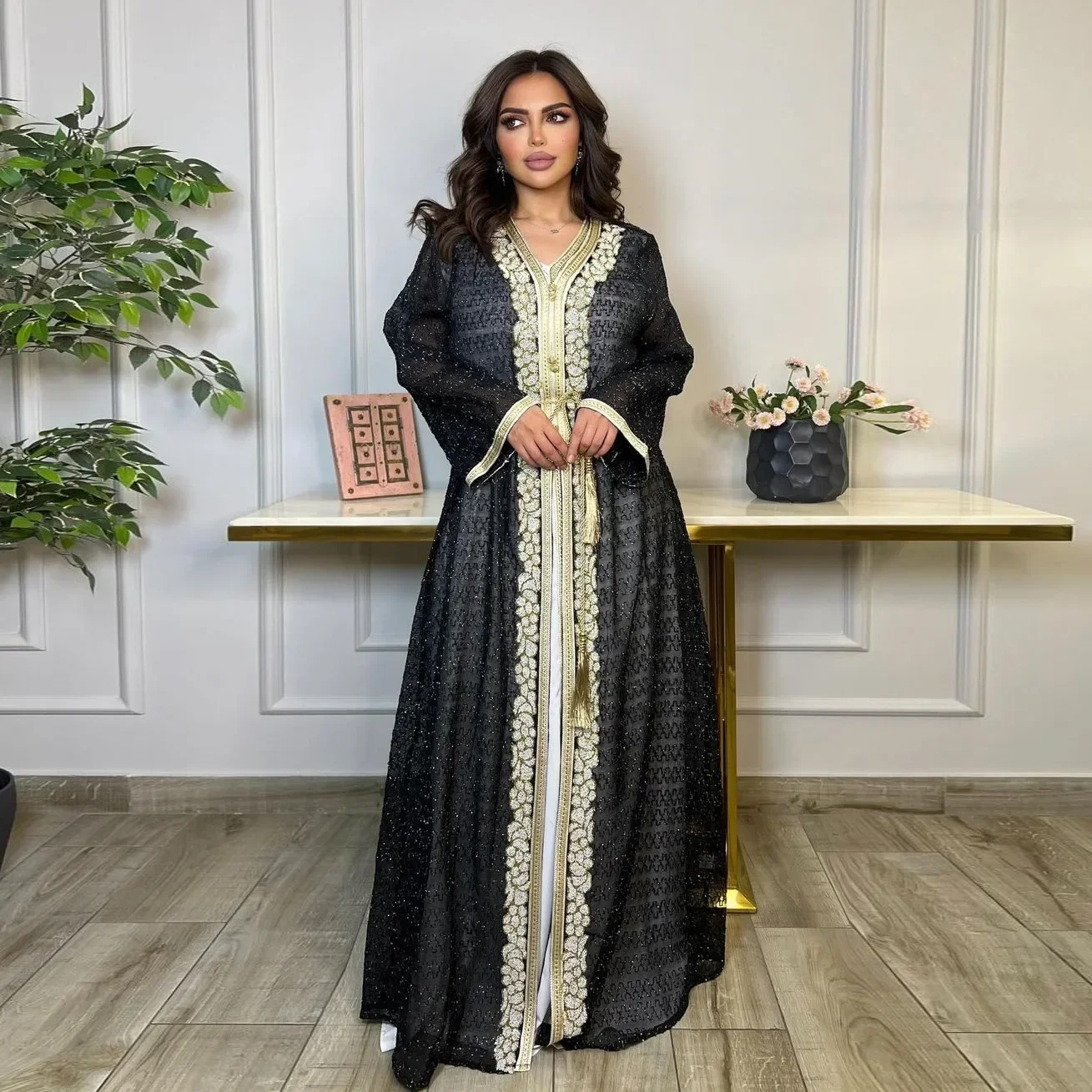 

Eid Diamonds Embroidery Abayas for Women Muslim Dress 2PCS Islam Jalabiya Set Djellaba Luxury Dubai Kaftan Marocain Femme Caftan