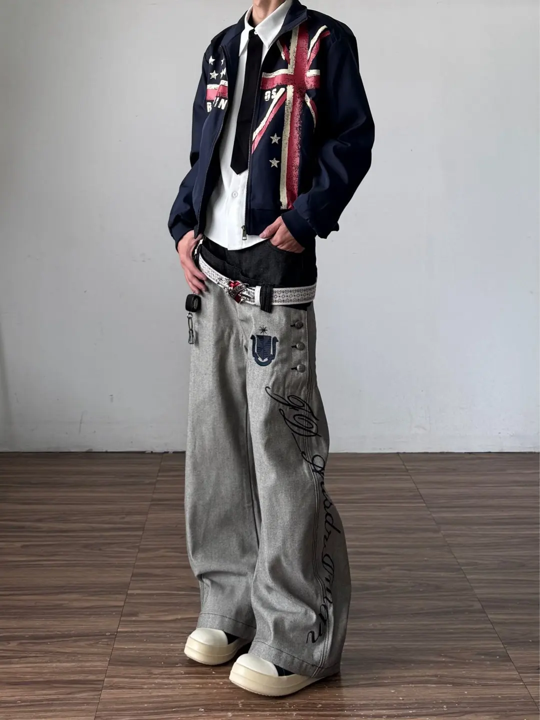 American Style Double Waist Knife  Jeans Men's High Street Heavy Embroidery Loose Micro Flare Design Sensation Pants