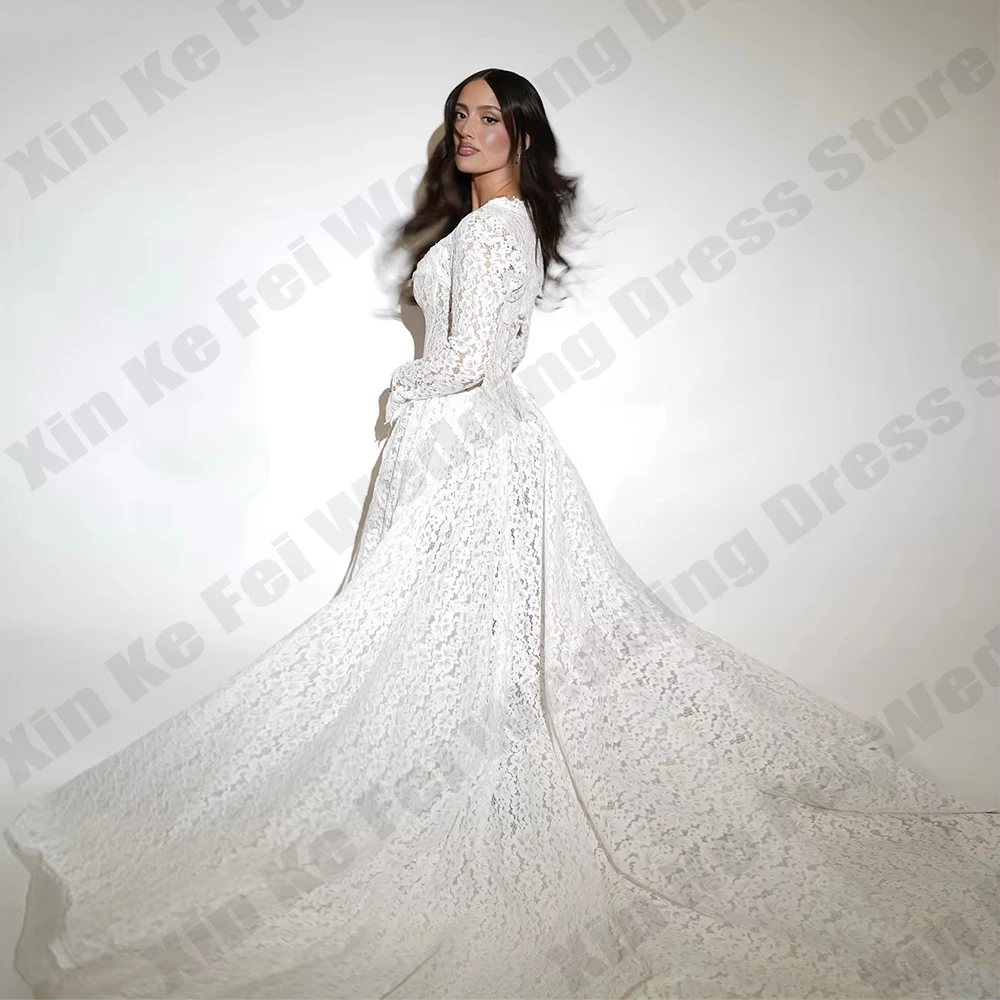 2027 A-Line Elegant Pleat Lace Long Sleeve Long Wedding Dresses Princess Brides Gown Customized Bridal Gown Robe De Mariée