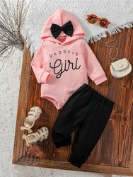 Baby Girls Autumn Long Sleeve Printing Letter Hoodie Outfit With Bow Set For Casual 2Pcs