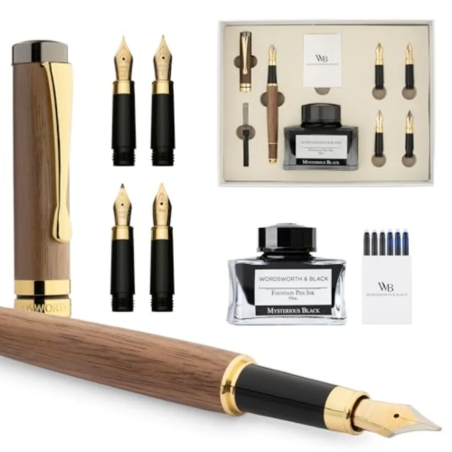 

Fountain Pen Gift Set Includes Ink Bottle 6 Ink Cartridges Ink Refill Converter 4 Replacement Nibs Luxury Bamboo Journaling Cal