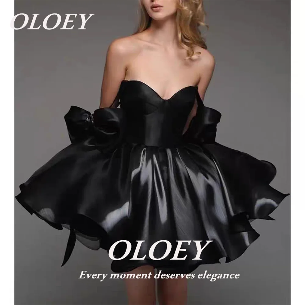 OLOEY Sexy Sweetheart Mini Prom Cocktail Dresses Ribbon Bow Sleeves Pleated Satin Evening Dress Customized Wedding Party Dress