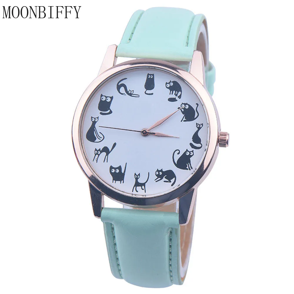 2022 Fashion Women Watches Casual Cartoon Cat Pattern Leather Strap Quartz Watch Women Relogio Feminino Bayan Kol Saati Relojes