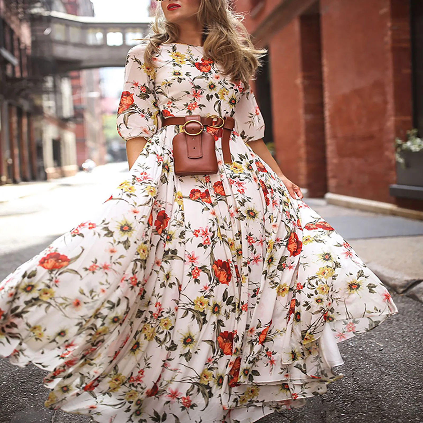 Frühling und Herbst Sommer europäischen und amerikanischen Chiffon gedruckt große Schaukel langes Kleid böhmischen Urlaubskleid für Frauen
