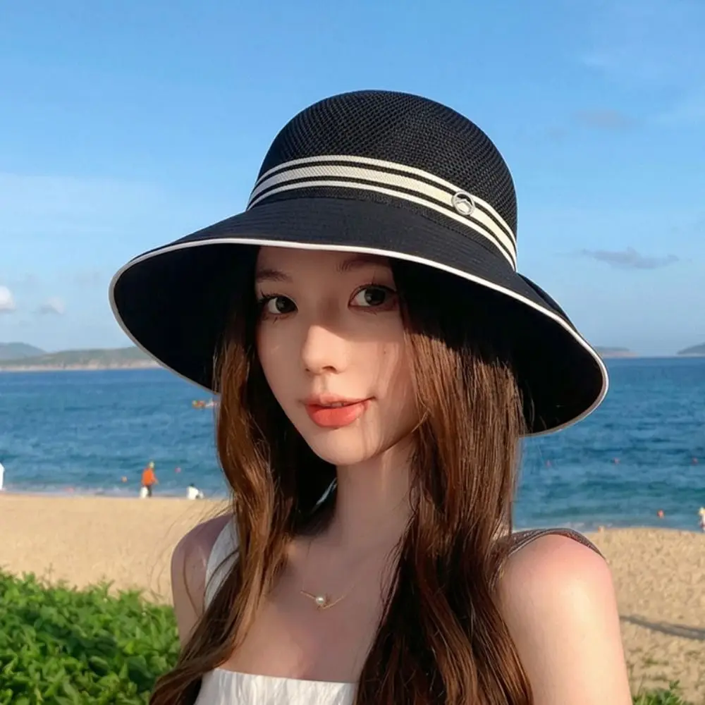 

Portable Large Bow Women Sun Hat Wide Brim Bowknot Bow Fisherman Hat Breathable Weave Straw Hat Summer