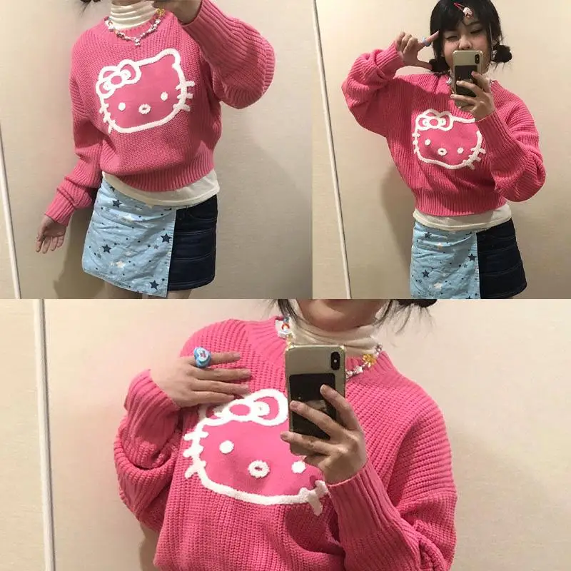 Cute Hello Kitty Sweater Knitted Slim Fit Tops Sanrioed Hot Girl Y2K Cartoon Versatile Anime Autumn Kt Round Neck Short Top Girl