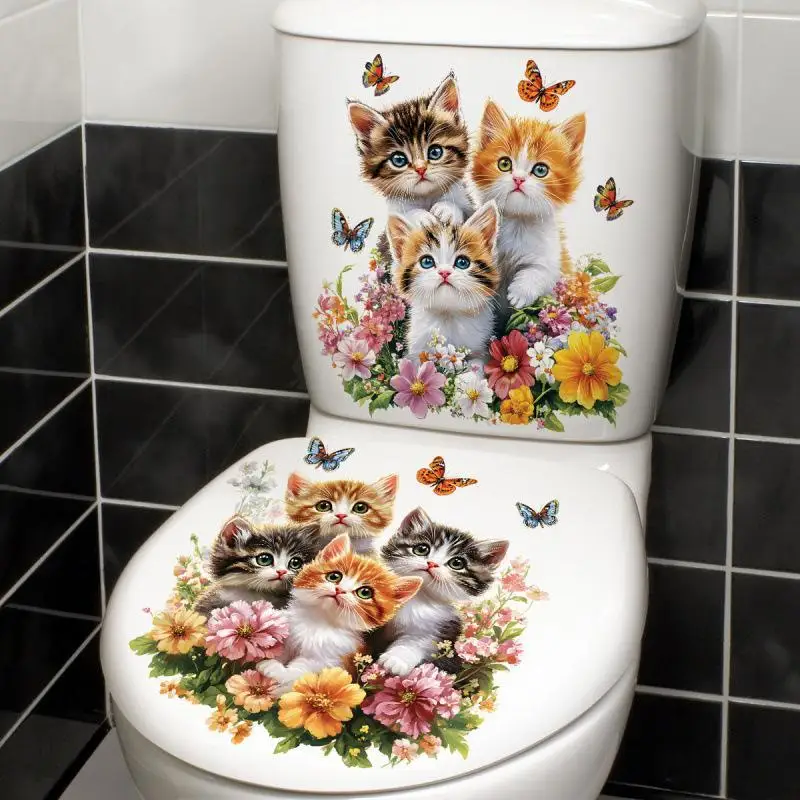 Waterproof Self Adhesive Toilet Wall Decals Cute Cat Design With Butterfly Floral Details For Home Decor Ornament