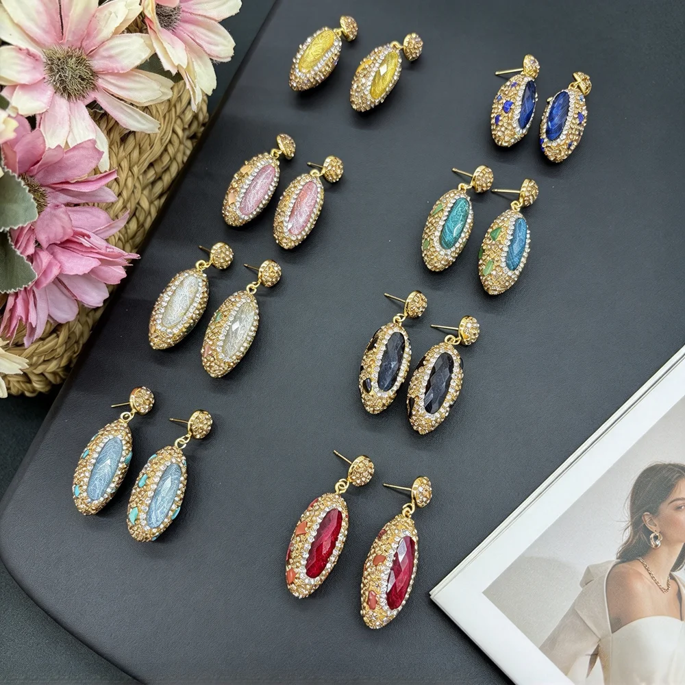 Vintage Natural Crystal Dangle Earring for Women Simulated Opal with Raw Turquoise Tourmaline Rhinestone Stone Jewelry WRE100