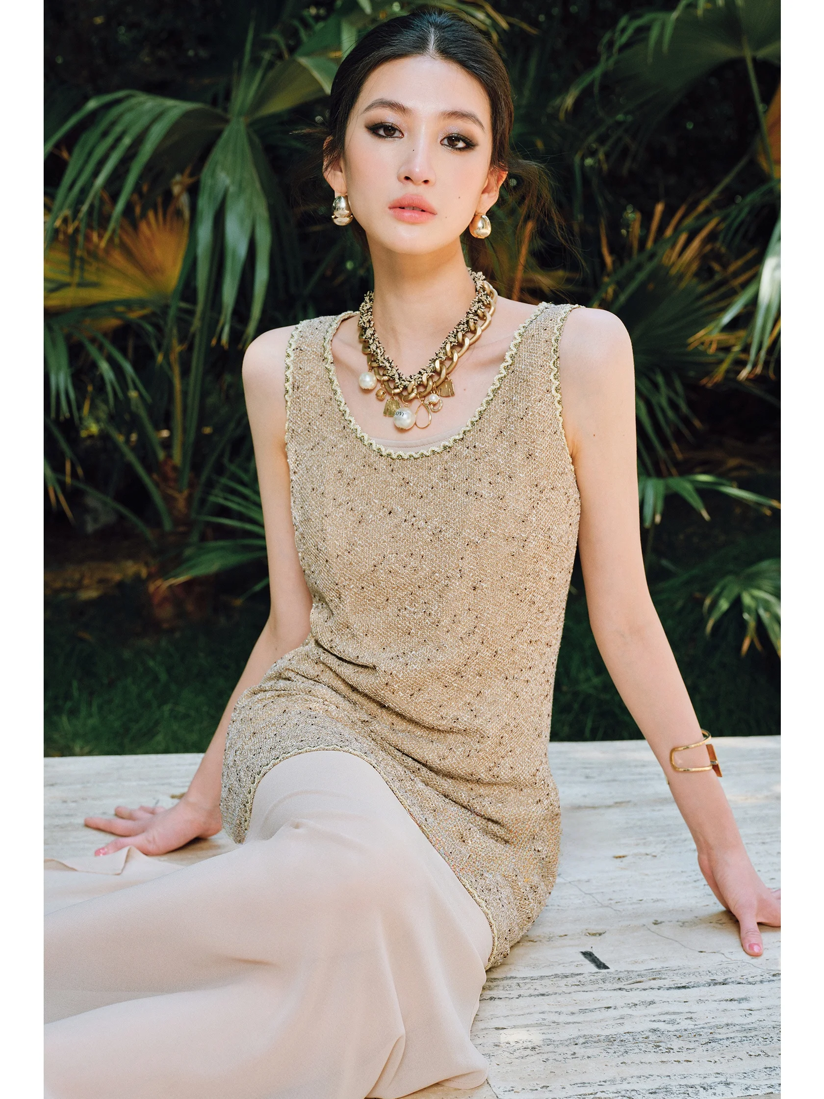 

WANGXO Satin Splice Georgette & Elastic Shiny Thread Knitted Set with Strap Long Skirt & Vest Short Skirt for Women Summer Fa...