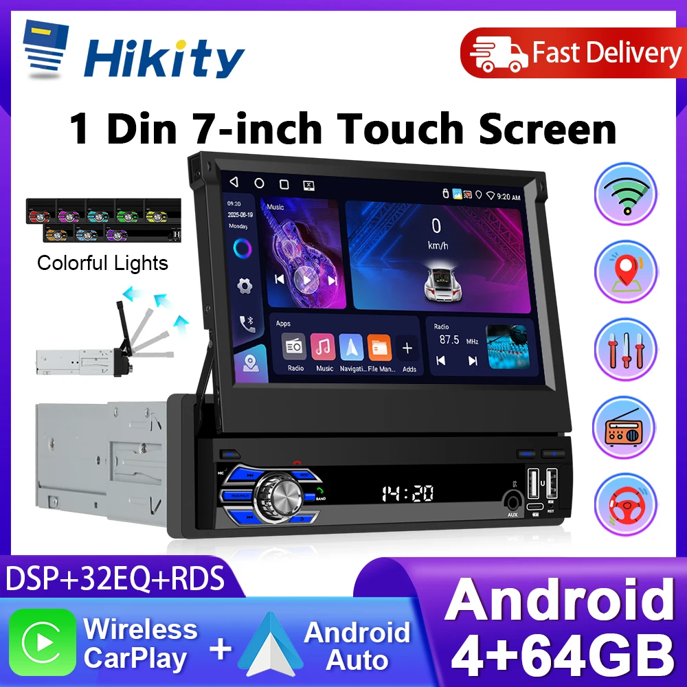 Hikity 7 ''écran rétractable autoradio 4 + 64G 1Din lecteur multimédia GPS Navigation WIFI Carplay Android Auto RDS BT autoradio