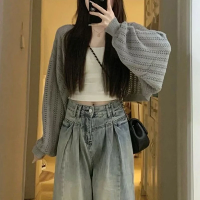 秋の新作Y2Kシュラッグロングスリーブカーディガン レディース 韓国ファッション ホローアウトニットコート 原宿系 ルーズ 軽量ショールトップス